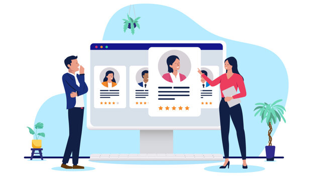 Business people evaluating employee profiles on a large monitor, concept of human resources recruitment, talent management, performance rating, and hiring, flat design vector illustration
