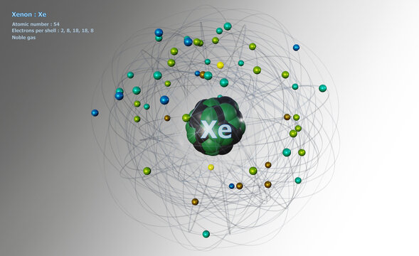 Atom of Xenon with Core and 54 Electrons on a white background
