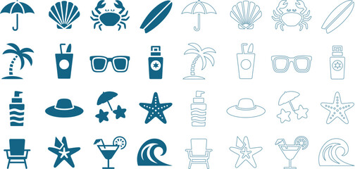 Collection of beach and summer vacation in teal blue