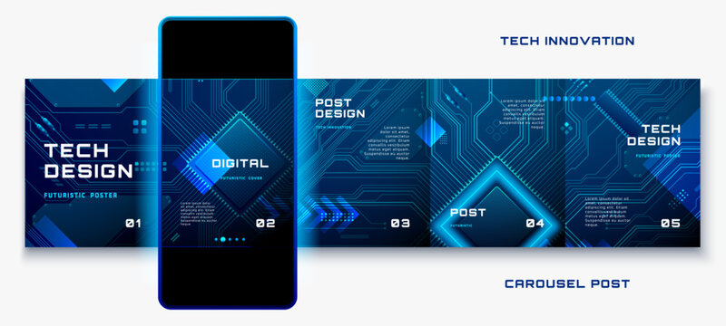 Tech circuit board background for AI carousel posts. Digital blue pattern with electronic lines, perfect for social media templates and futuristic technology presentations.