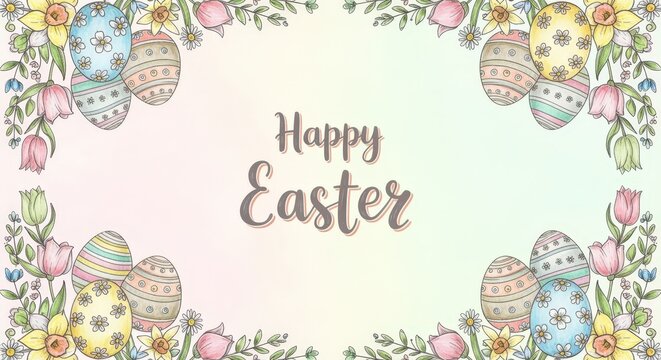 A pastel-colored "Happy Easter" greeting card with decorative eggs, tulips, and daffodils forming a floral border on a soft gradient background.