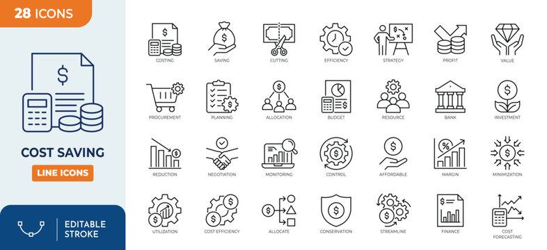 Cost Saving icon set. Containing saving, budget, cost, efficiency, reduction, expense, planning, spending, investment, and more. Outline icons collection. Editable stroke. Vector illustration