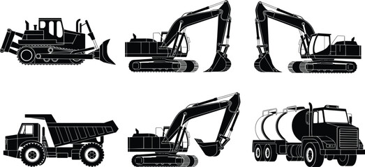 Construction machinery silhouettes set, excavator, bulldozer, dump truck and tanker vehicle illustration isolated on white background ©  jahanara