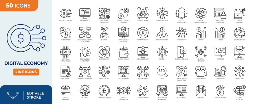 Digital Economy icon set. Containing Ecommerce, Fintech, Cryptocurrency, Sharing Economy, AI, Blockchain, Economic activities, and more.  Outline icons collection. Editable stroke. Vector illustration
