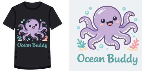 Cute and cheerful cartoon octopus design perfect for tshirts and merchandise with friendly face and underwater elements © md