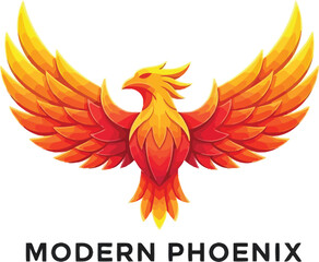Fototapeta premium A modern phoenix logo with vibrant orange and yellow feathers on a white background