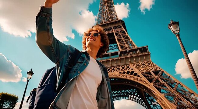 Young man taking selfie in front of Eiffel Tower on sunny day with clouds
