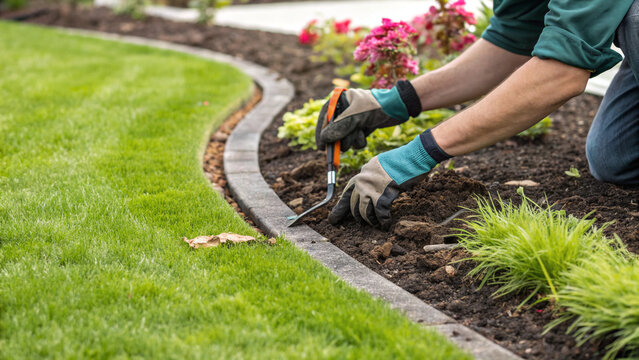 Gardener working in a flower bed while shaping edges of garden in suburban yard during daytime