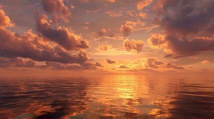 Golden sunset over calm tropical ocean, dramatic sky with orange and pink tones.