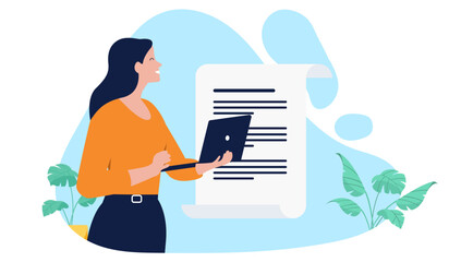 Professional businesswoman holding a laptop in front of a large scroll or legal document, concept of digital contracts, business agreement, and policy writing, flat design vector illustration