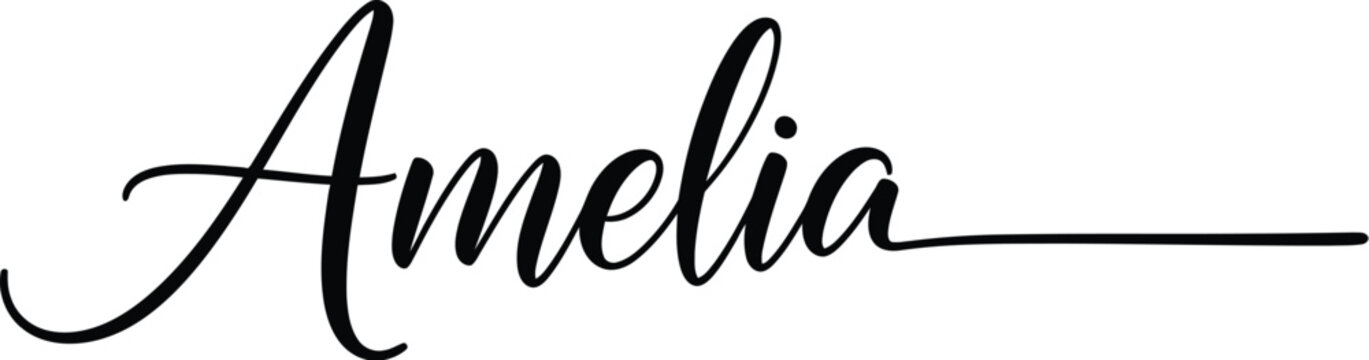 A elegant black cursive signature with the name Amelia on a white background