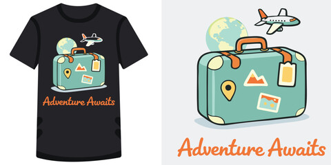 Cute and colorful travel themed tshirt design with suitcase globe and airplane illustration perfect for adventure lovers and vacation enthusiasts ready to explore the world © md