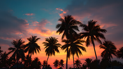 Obraz premium Palm tree silhouettes against vibrant sunset sky, tropical vacation mood, depth of field.