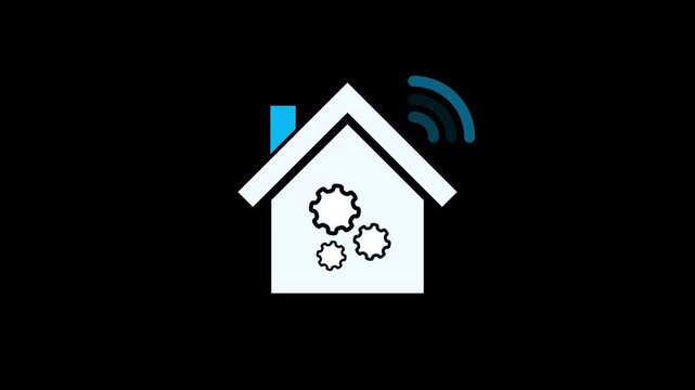 White House Icon with Gears and Wi Fi Symbol on Black Background Keywords: house icon, home symbol, gears, cogwheels, settings, automation, smart home, Wi Fi symbol, wireless, signal, chimney
