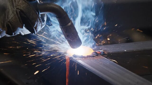 Close-up of welder's gloved hand using MIG torch, creating sparks and blue smoke during metal fabrication