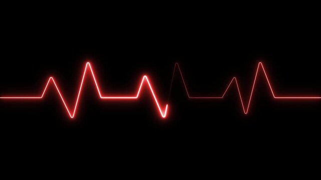 Glowing Red Neon Heartbeat Cardiogram Line on Black Background Seamless Medical Pulse Monitor Animation Loop, heart health monitoring, pulse rate signal