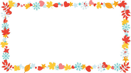 A colorful floral border frame with leaves and hearts on a white background