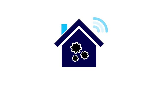 Dark Blue House Icon with Gears and Wi Fi Symbol on White Background Keywords: house icon, home symbol, gears, cogwheels, settings, automation, smart home, Wi Fi symbol, wireless, signal, chimney