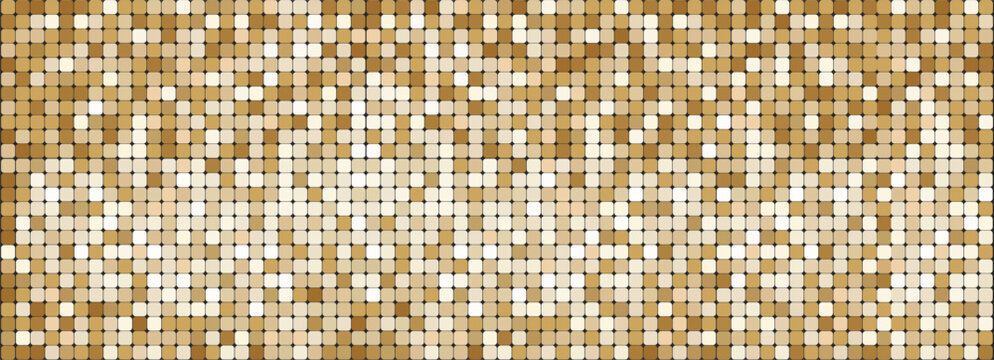 Golden mosaic disco party background. Metal gold sequin shiny sparkle decoration. Disco ball effect tile bg. glitter halftone wallpaper. Sparkling glitter backdrop.
