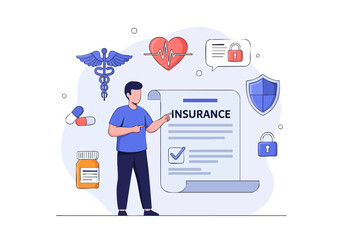 Man standing next to insurance document with medical symbols.