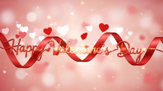 "Happy Valentine's Day" text in elegant script with floating red hearts and ribbons on a soft pink bokeh background, conveying romance and celebration.