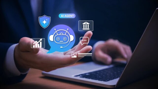 AI Agent and Assistant concept. Man using smartphone and laptop with ai assistant interface and virtual chatbot icon for digital automation and intelligent technology communication, 4k video clip