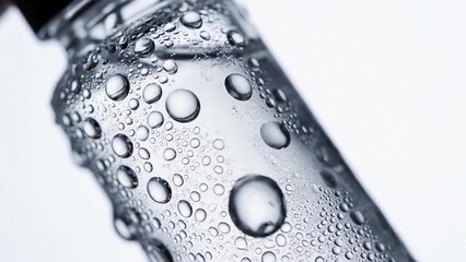 Close up of chilled glass bottle with water droplets, clean studio product background for beverage advertising and packaging, fresh cool hydration mood for summer
