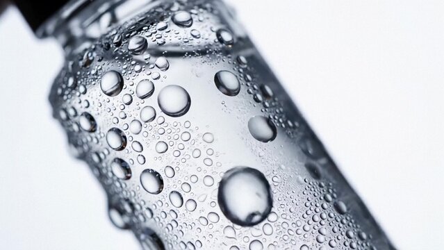 Close up of chilled glass bottle with water droplets, clean studio product background for beverage advertising and packaging, fresh cool hydration mood for summer