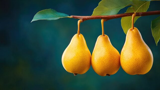 Minimalist image of three ripe pears hanging on branch with leaves against a dark blue background for nature themes