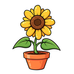 Fototapeta premium A cheerful sunflower in a terracotta pot with green leaves and a brown center