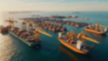 Obraz premium Blurred background of Modular floating sea logistics base, interconnected steel platforms with stacked containers, fuel tanks, helipad and cranes operating simultaneously, calm open ocean reflecting.