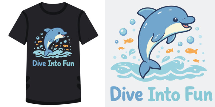 Cute cartoon dolphin jumping with colorful fish and bubbles design for fun summer activities and water sports apparel