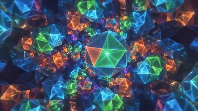 Vibrant colorful glowing geometric crystal shapes creating an abstract futuristic pattern