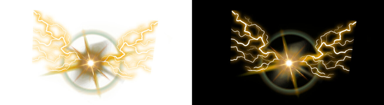 PNG image of&nbsp;Vibrant electrical energy burst with bright yellow lightning bolts symmetrically radiating from a central glowing core on transparent background. on transparent background