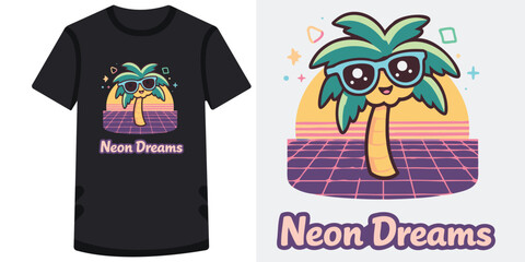 Cute cartoon palm tree wearing blue sunglasses with vibrant retro sunset background design for trendy tshirts and graphic resources