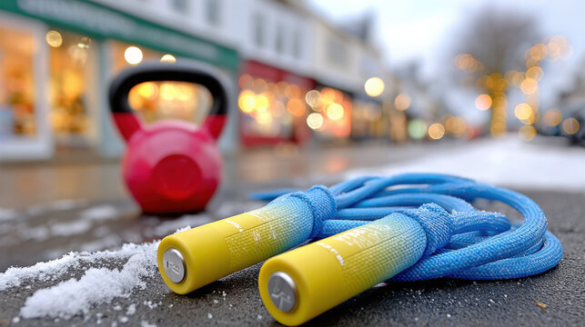 New year jump rope on gym floor blue and yellow for fitness class announcement and cardio workout social media banner promoting speed, endurance training and at home exercise routines