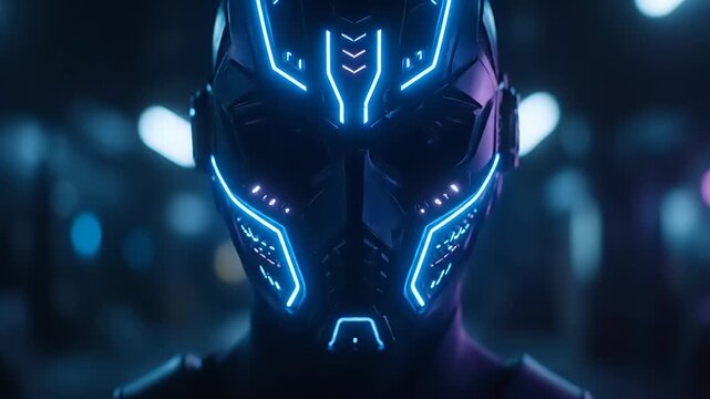 Futuristic Cyborg Headpiece Glowing Neon Lines in Dark Sci-Fi Environment, Close-Up View, Digital Graphic Concept