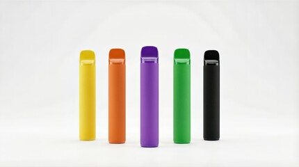 Fototapeta premium Colorful vapes arranged in a row on a soft gradient background, showcasing vibrant hues and sleek designs, ideal for modern lifestyle and personal expression with copy space