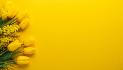 Obraz premium Yellow tulip and mimosa flower bouquet on yellow background. Floral wallpaper, banner. 8 march women's day, mother's day theme. Birthday, wedding gift. Spring. Beauty. Easter.