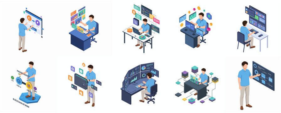 Isometric Detailed Data Analysis Worker with Monitor Collection Illustration