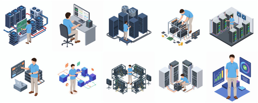 Isometric Detailed Worker Data Center Server Room Operation and Maintenance Scene