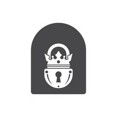 Obraz premium Black and white icon of a crown with a keyhole on a shield background.