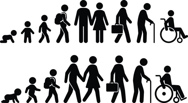 Human life stages silhouette from baby to elderly wheelchair showing growth aging family lifecycle disability health concept illustration icons timeline society care