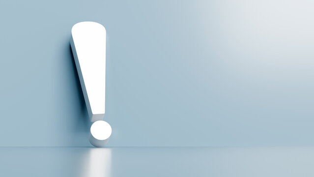 Large white exclamation mark leaning against a wall representing a call to action and important alerts, 3d render