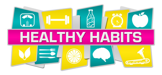 Healthy Habits Pink Turquoise Yellow Health Symbols Top Bottom Text 