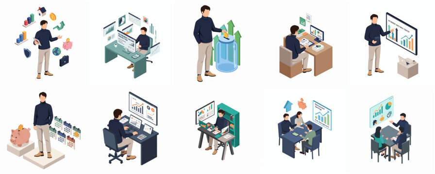 Isometric Man and Team Manage Finance and Investment Illustration Set of Icon