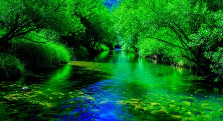 Obraz premium Vibrant green forest stream with sunlight filtering through trees and reflecting on water surface peacefully