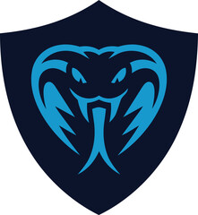 Fototapeta premium Cobra snake head mascot logo on shield background with striking blue tongue and aggressive look
