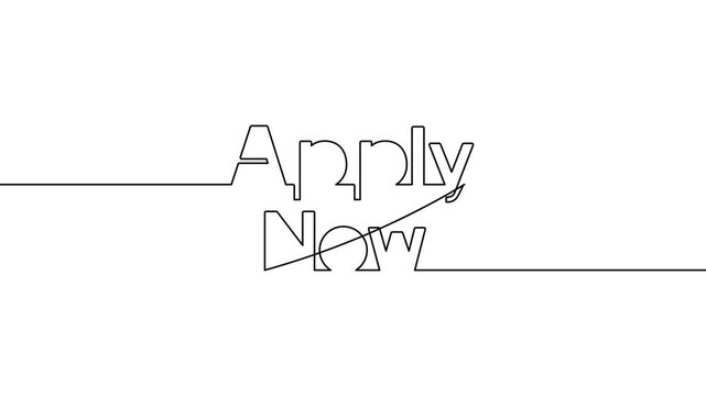 apply now text one line art animated continuous single line drawing of handwritten typography intro animation video, now apply title on black white background