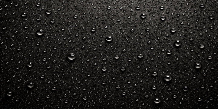 Macro texture of clean blue raindrops and transparent condensation droplets on a wet glass window surface over an abstract black liquid background
